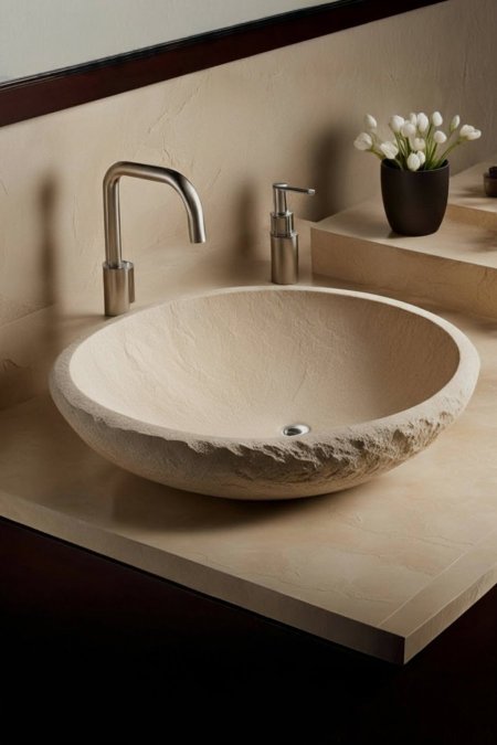 حوض مغسلة حجري بلون رملي – تصميم طبيعي أنيق